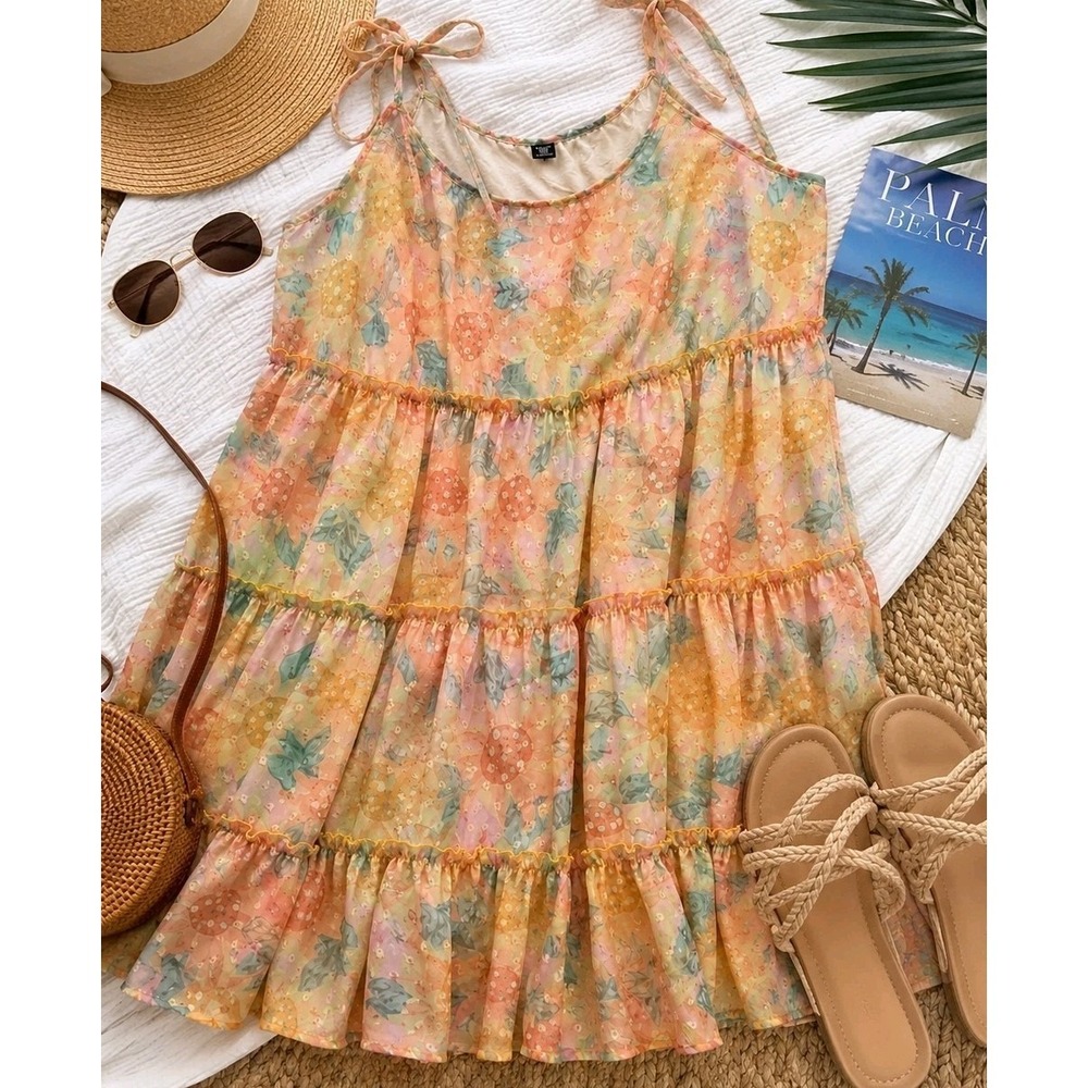 Plus Size 1X Tiered Sundress Peach Floral Tie Strap Cottagecore Boho Mini Dress